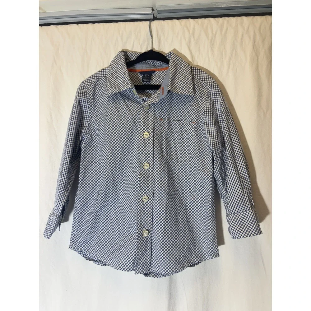 GAP‎ Boys Button Down Shirt Size XS 4 Blue White Checked Long Sleeve Collared Y7